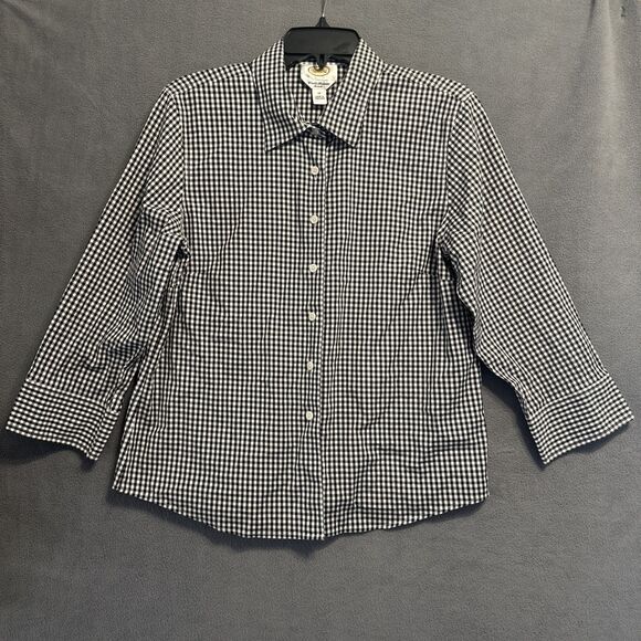 Talbots Wrinkle Resistant Stretch Top Button Up Shirt Size 12 Black Gingham - Picture 1 of 6